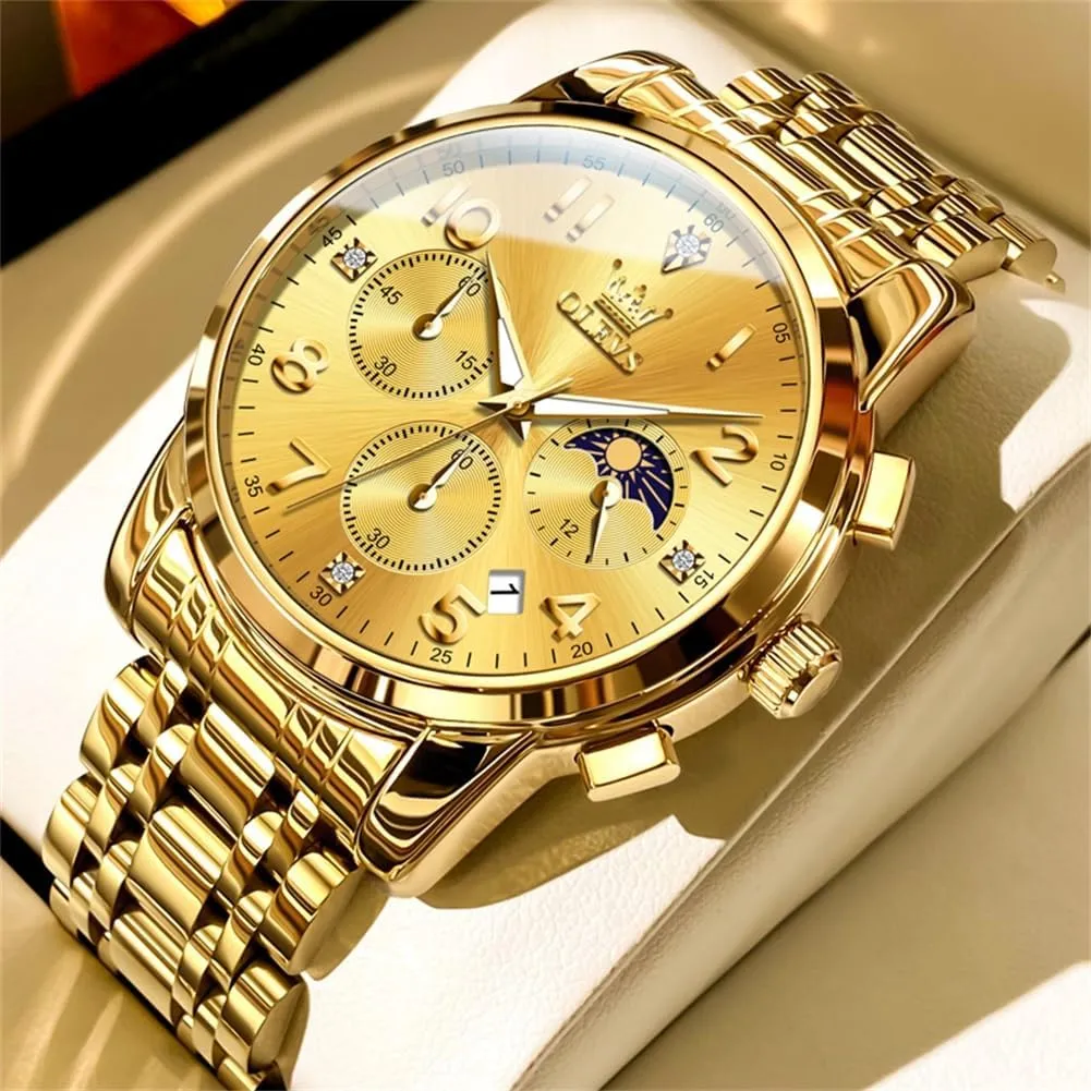 Easy Reader Date Moon Phase Analog epoch Yucatan Quartz Chronograph Watches Reloj para Hombre OLEVS Watch Men Luxury Classic Big Face Men's Wrist Watch Fancy Metal Stainless Steel Waterproof Mens Watches Everyday 