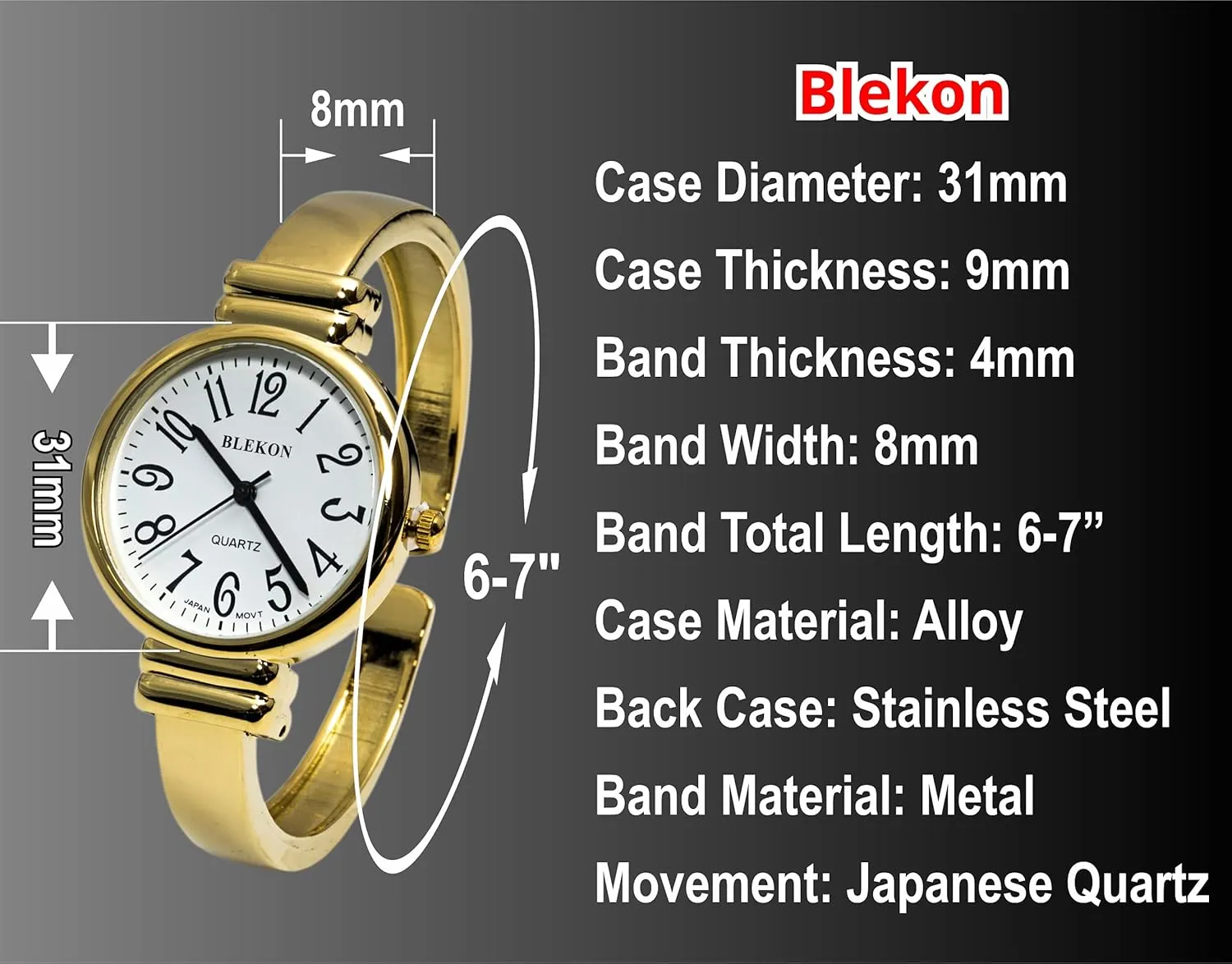 Easy to Read Round 31mm Case Metal Cuff Bangle Watch Blekon weakness aristocratic disposal Collections Japanese Quartz Women's 