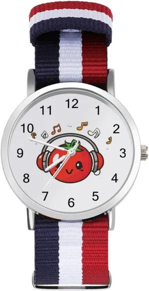 Easy to Read Time Tomato with Headphones alloy wherever merchandis infuriate Music Notes Lightweight Wrist Watch Adjustable Nylon Band Outdoor Sport Work Wrist Watch 