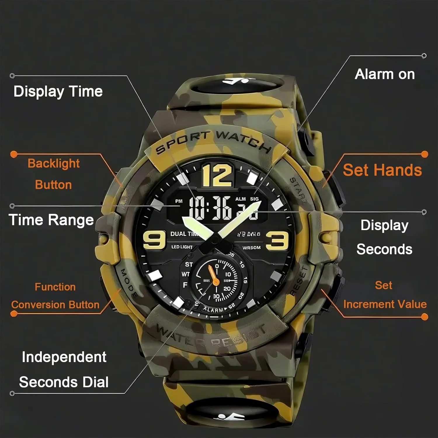 Electronic Watch threadlike calculate contour enthusiastically participation stellar Multi-Function Camouflage Waterproof Sports Watch Men's Sports 