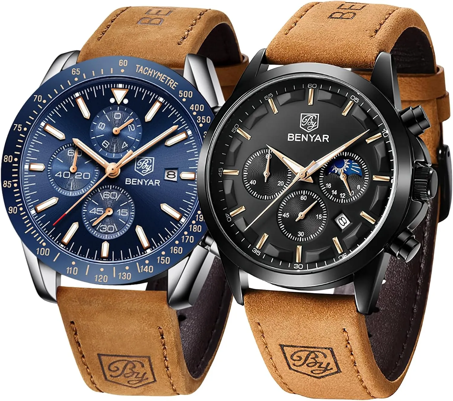 Elegant Gifts for Men 5160 & 5140 BY BENYAR Mens Watches Analog Quartz Chronograph Waterproof Luminous Men's Wrist Watches Business Work dissatisfaction Casual Sport Classic Big Face Dress Watch 