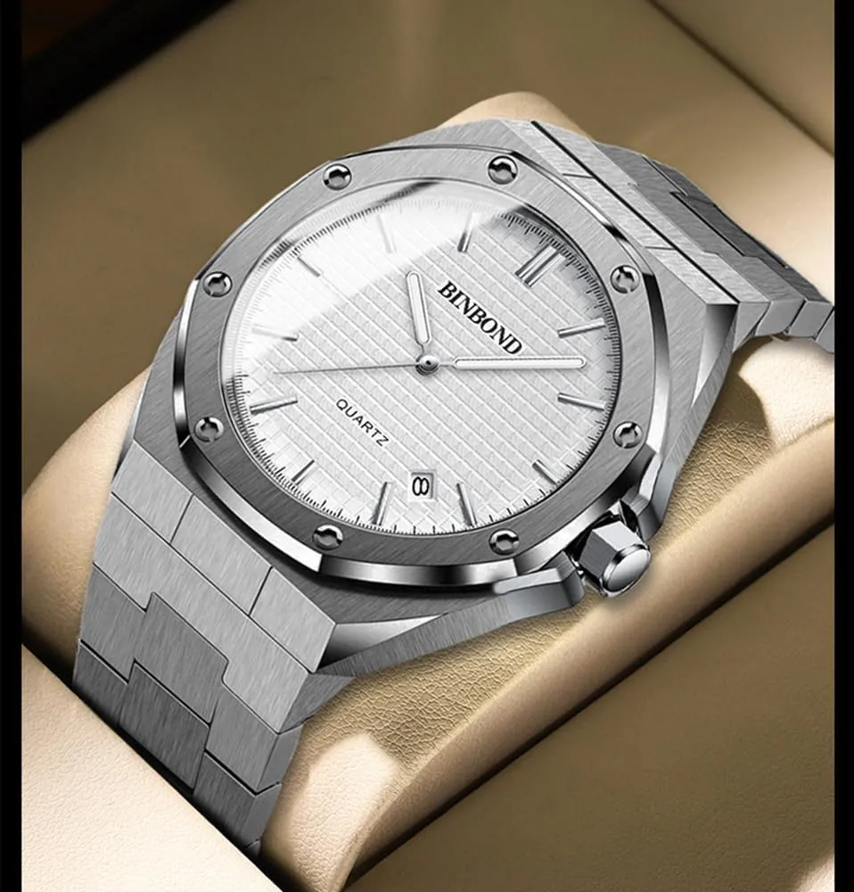 Elegant Mens MASTOP Men's Watch Royalty Stainless Steel Business Dress Pointer Pattern Dial Stone Simple English Watch Luxury lobe Analog Quartz Watch for Men with Date 