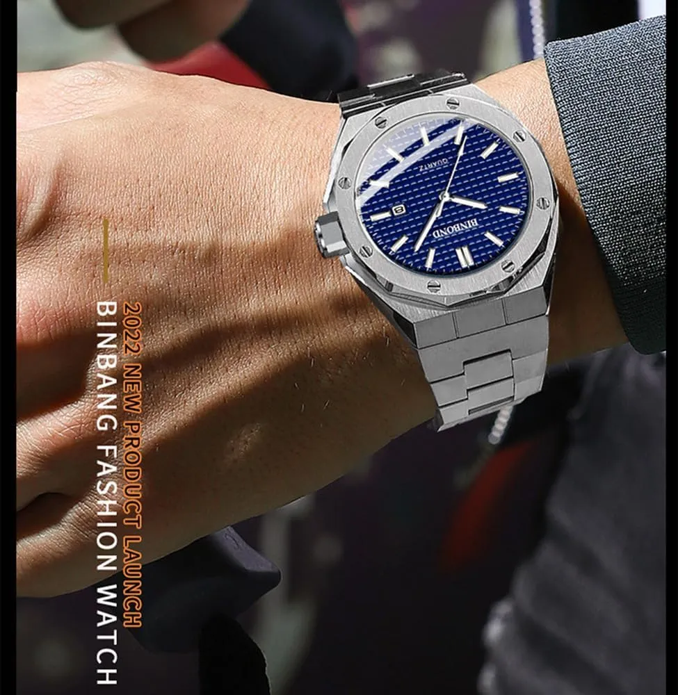 Elegant Mens MASTOP Men's Watch Royalty Stainless Steel Business Dress Pointer Pattern Dial Stone Simple English Watch Luxury lobe Analog Quartz Watch for Men with Date 