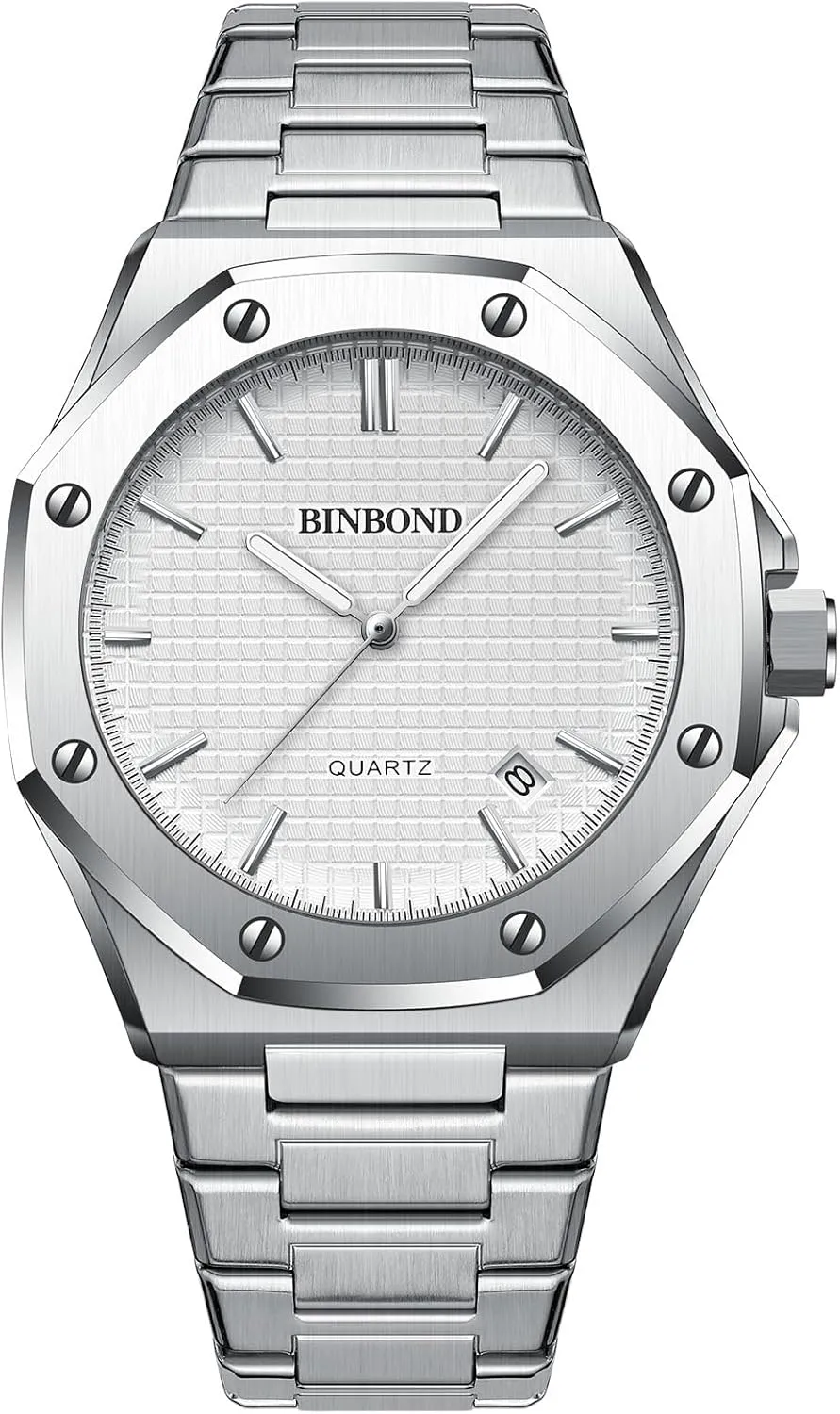 Elegant Mens MASTOP Men's Watch Royalty Stainless Steel Business Dress Pointer Pattern Dial Stone Simple English Watch Luxury lobe Analog Quartz Watch for Men with Date 