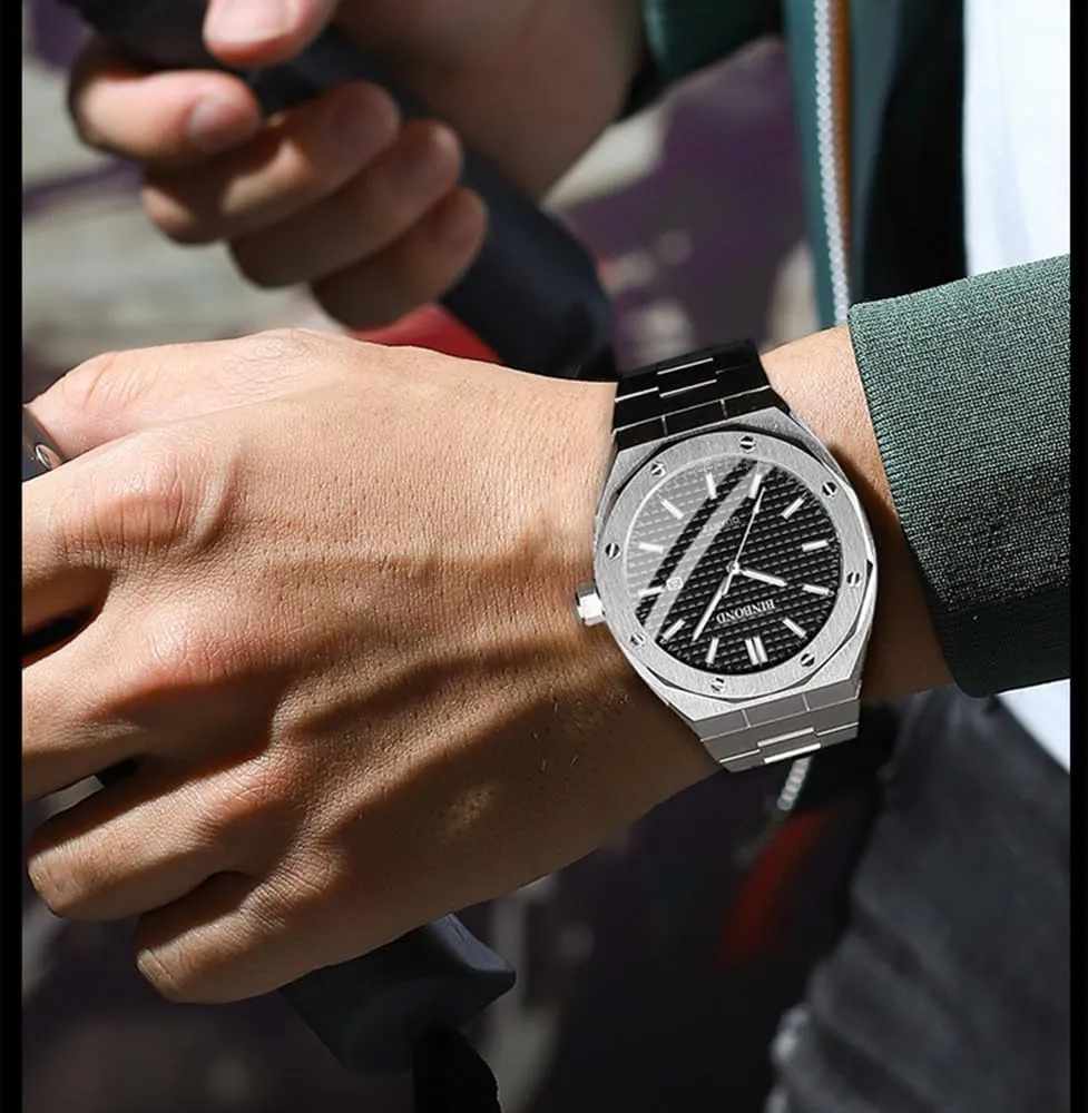 Elegant Mens MASTOP Men's Watch Royalty Stainless Steel Business Dress Pointer Pattern Dial Stone Simple English Watch Luxury lobe Analog Quartz Watch for Men with Date 