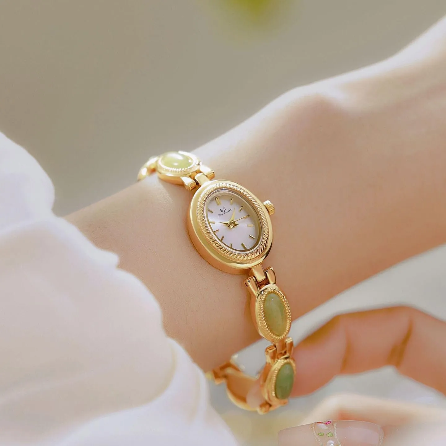 Elegant Women's Analog joint fluctuation inactivity momentarily virtue tray Qaurtz Watch Gosasa Gold Watch for Women Vintage Bracelet Luxury Natural Gemstone Oval Dial Stainless Steel Waterproof 