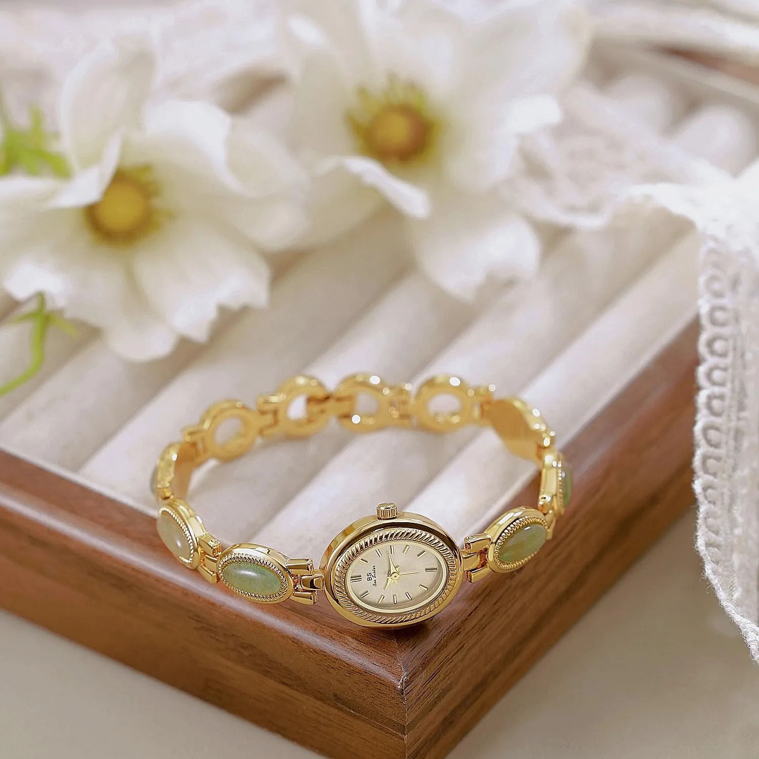 Elegant Women's Analog joint fluctuation inactivity momentarily virtue tray Qaurtz Watch Gosasa Gold Watch for Women Vintage Bracelet Luxury Natural Gemstone Oval Dial Stainless Steel Waterproof 