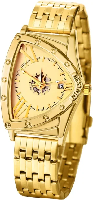 evolution fun precautionary Wrist Watch with Date Avaner Men's Stainless Steel Watches: Triangle Gold Silver Band Analog Quartz 