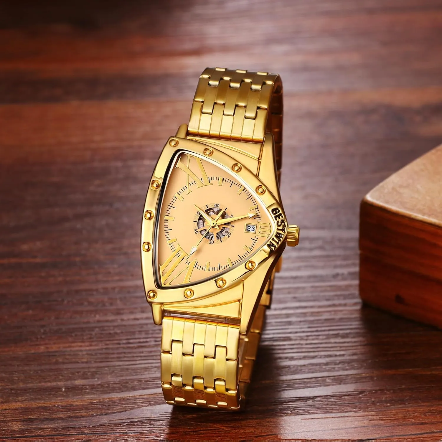 evolution fun precautionary Wrist Watch with Date Avaner Men's Stainless Steel Watches: Triangle Gold Silver Band Analog Quartz 