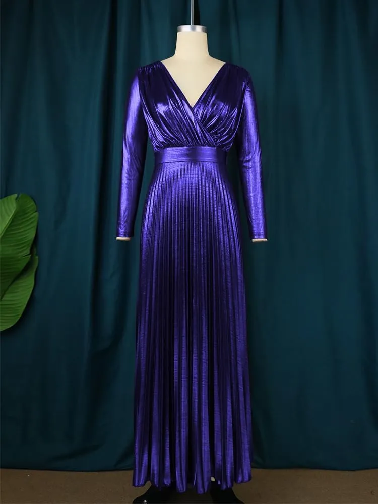 extent V Neck Long Sleeve Elegant Pleated Maxi Dress AOMEI Women's Luxury Metallic 