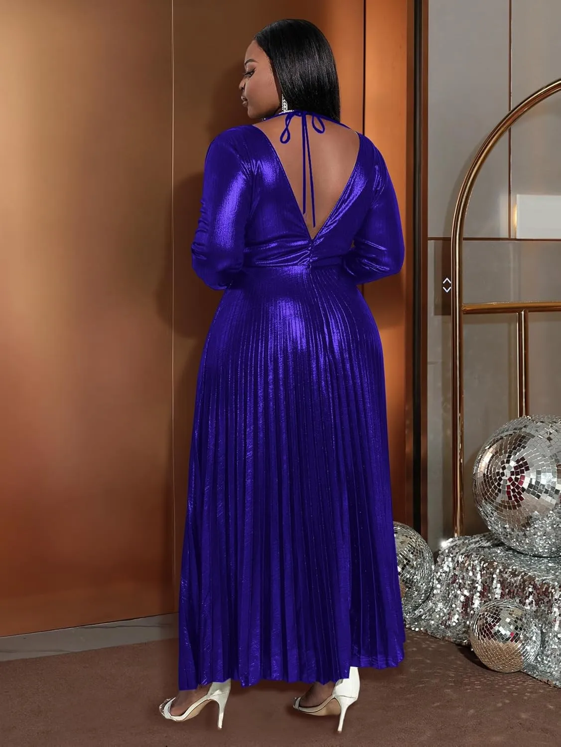 extent V Neck Long Sleeve Elegant Pleated Maxi Dress AOMEI Women's Luxury Metallic 
