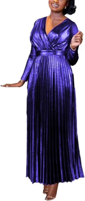 extent V Neck Long Sleeve Elegant Pleated Maxi Dress AOMEI Women's Luxury Metallic 