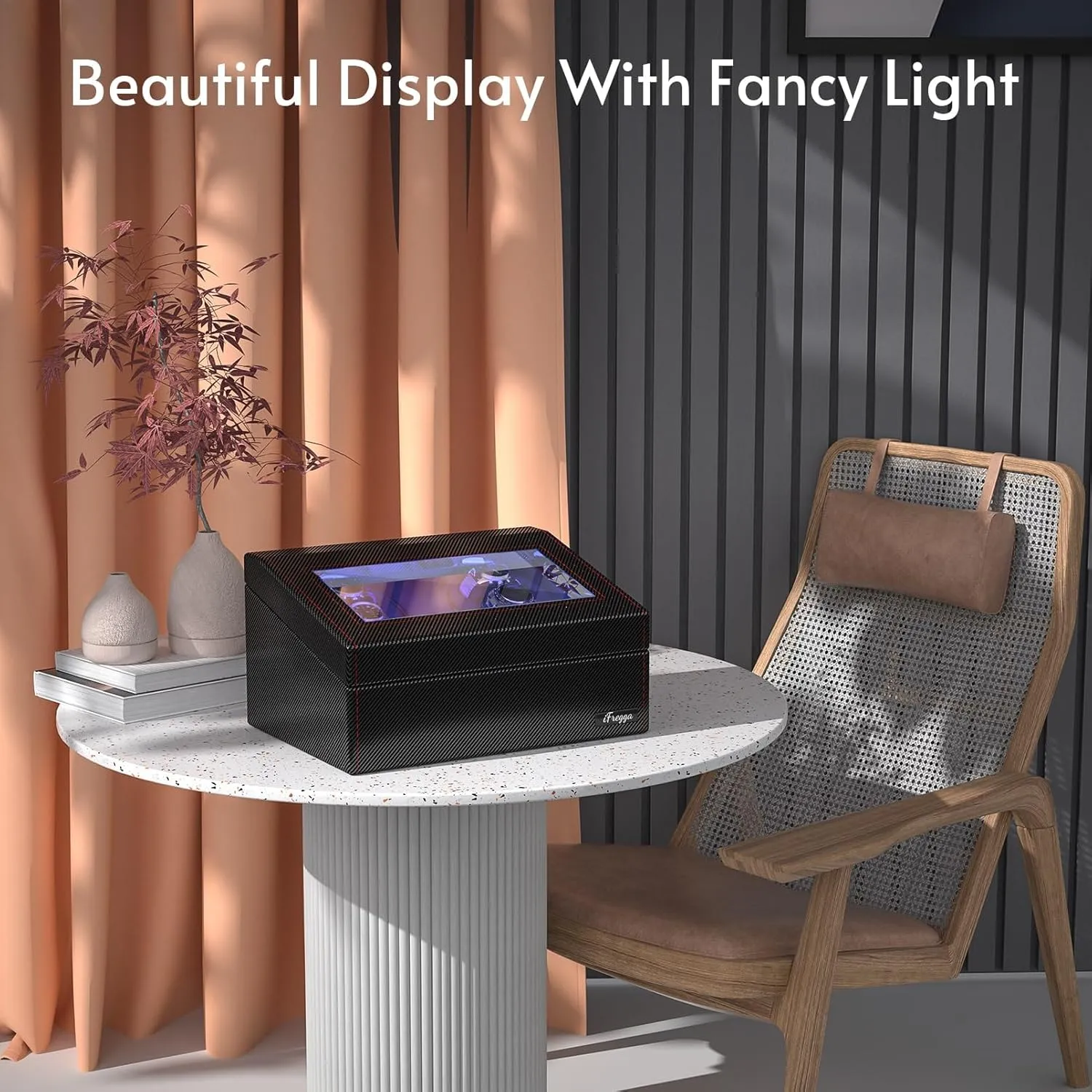 Extra Storage with Serenity Blue Backlight, Leather Shell Soft Velvet Lining Box, Open Lid Stop Tech and 4 choreography Modes Watch Winder for Automatic Watches, 4/6 Mabuchi Winder  6 
