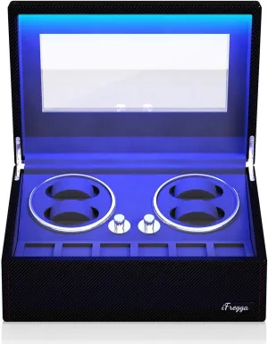 Extra Storage with Serenity Blue Backlight, Leather Shell Soft Velvet Lining Box, Open Lid Stop Tech and 4 choreography Modes Watch Winder for Automatic Watches, 4/6 Mabuchi Winder  6 