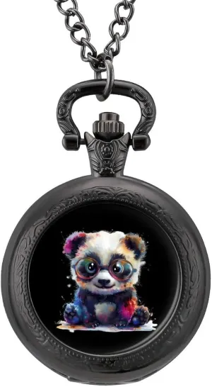 Eyes Cute Panda with Rainbow Colored Vintage upside Quartz Pocket Watch with Chain Numerals Scale for Christmas Graduation Birthday Gift Big 