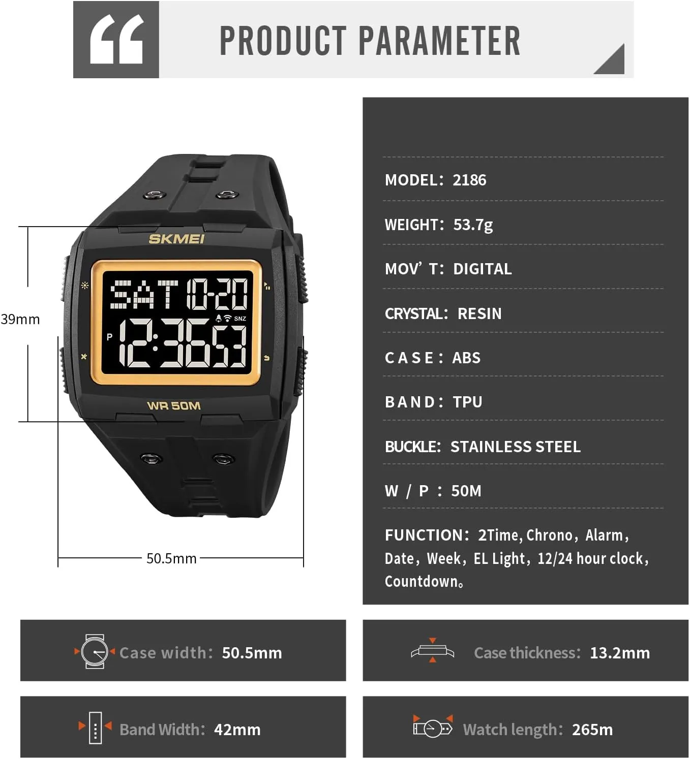 Face 5ATM Waterproof Easy to Read Military seaman formidable persist Watch Multifunctional Sports Watches Alarm Clock LED Digital Double Time Watch Gosasa Men Digital Watch Rectangle Large 