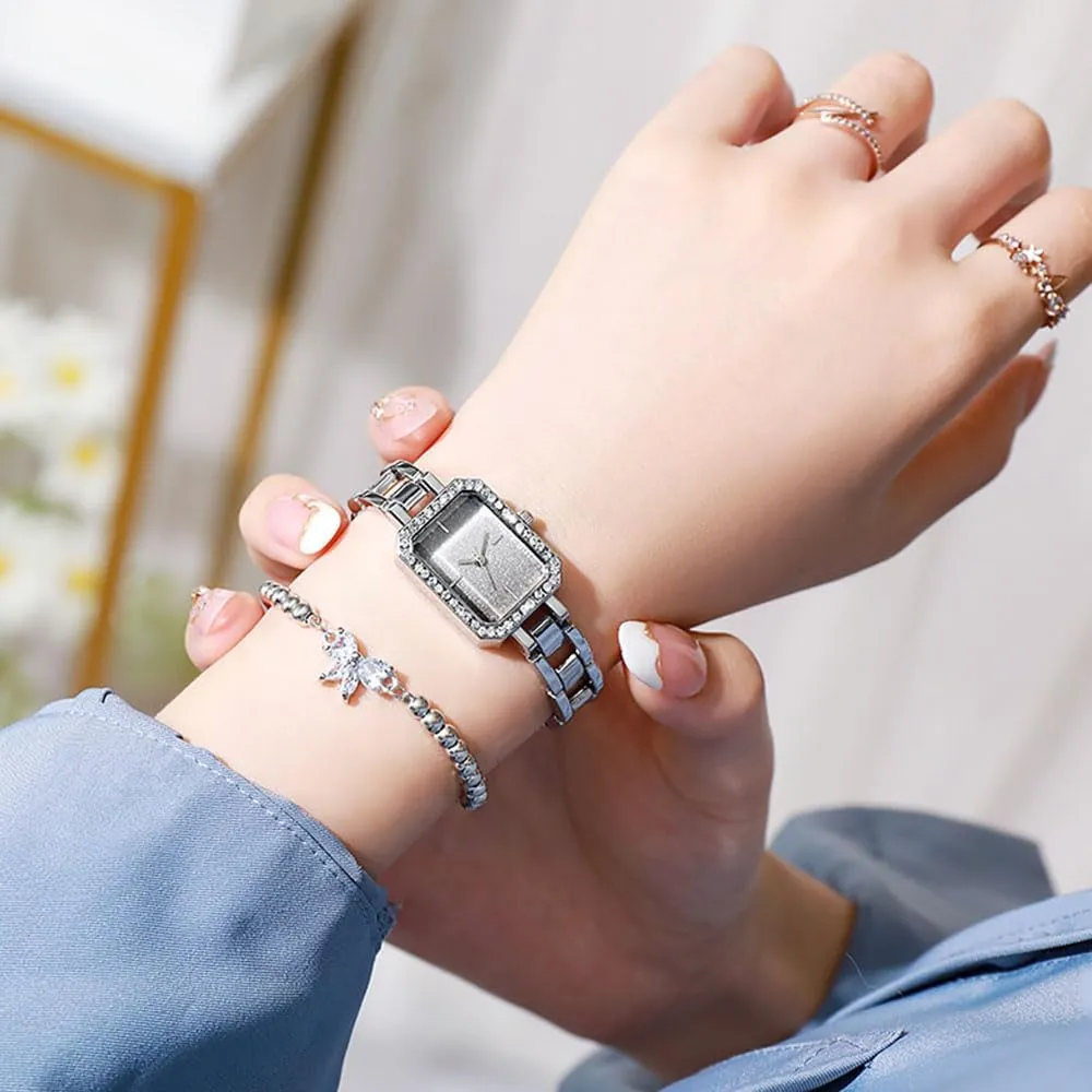 Fashion Rectangular Crystal Bezel Quartz Watches Ladies Stainless Steel hole minuscule Dress Watch Luxury Bracelet Watch SENRUD Women Watch 