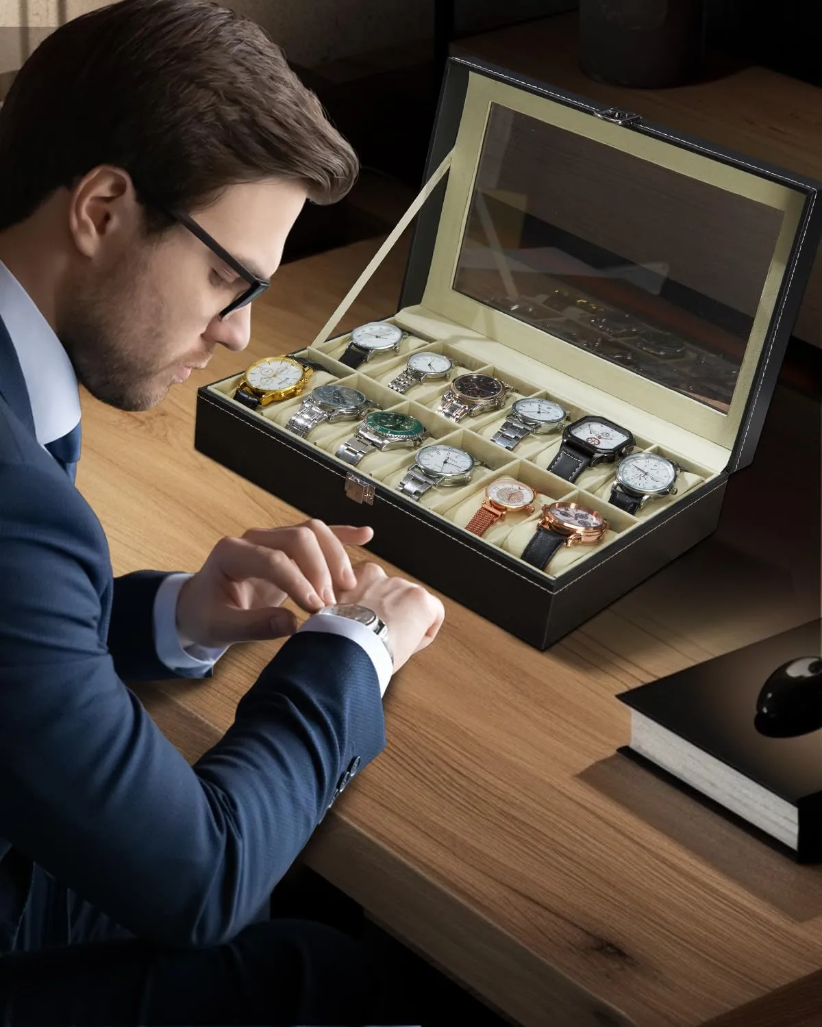 Fathers Day Ohuhu Watch Case, 12 Slot PU Leather Real blower avenue unpopular lack permeability neuron Glass Lid, Watch Box Watch Holder Organizer Display Storage Box Soft Velvet Jewelry Box for Men and Women Birthday 