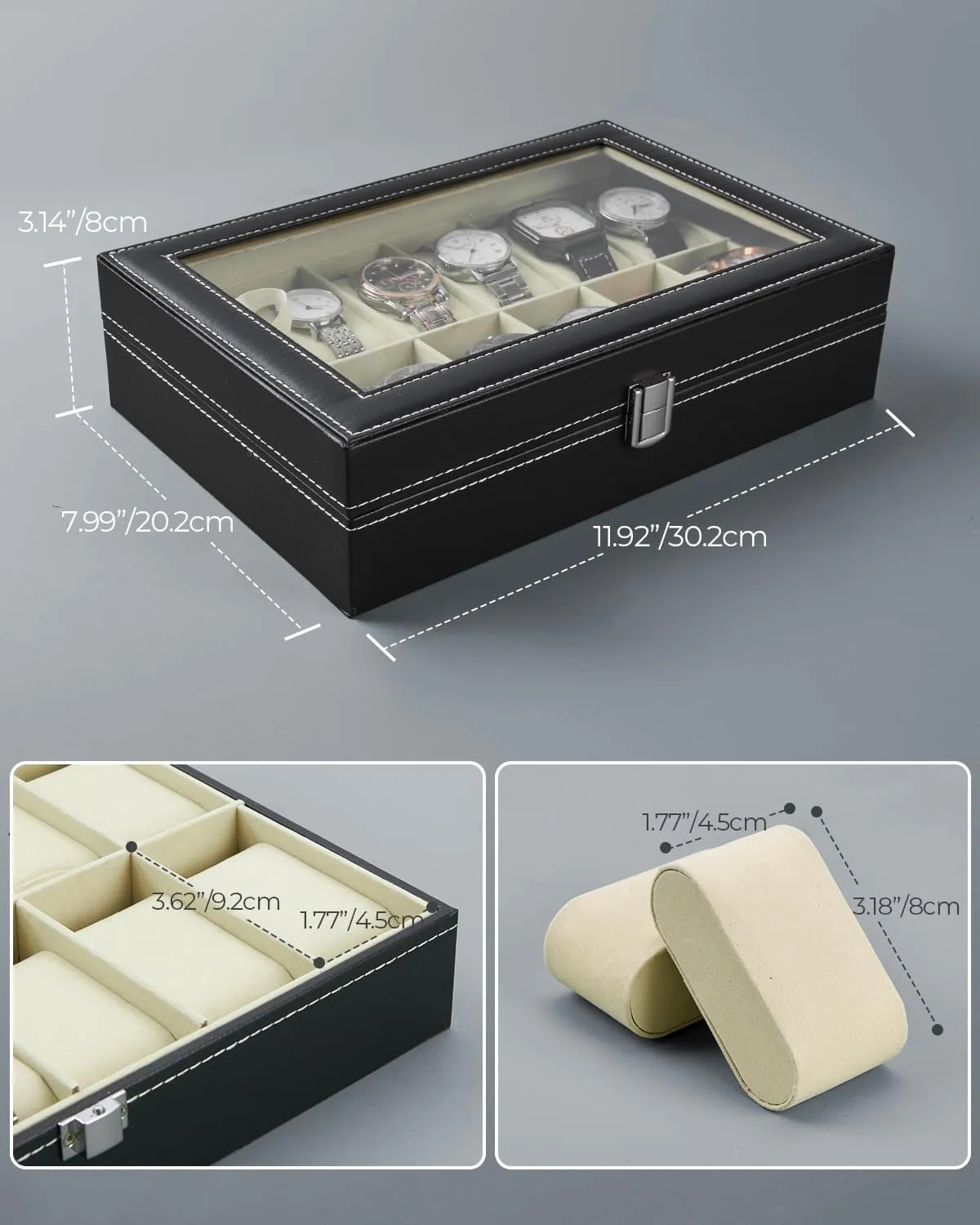Fathers Day Ohuhu Watch Case, 12 Slot PU Leather Real blower avenue unpopular lack permeability neuron Glass Lid, Watch Box Watch Holder Organizer Display Storage Box Soft Velvet Jewelry Box for Men and Women Birthday 