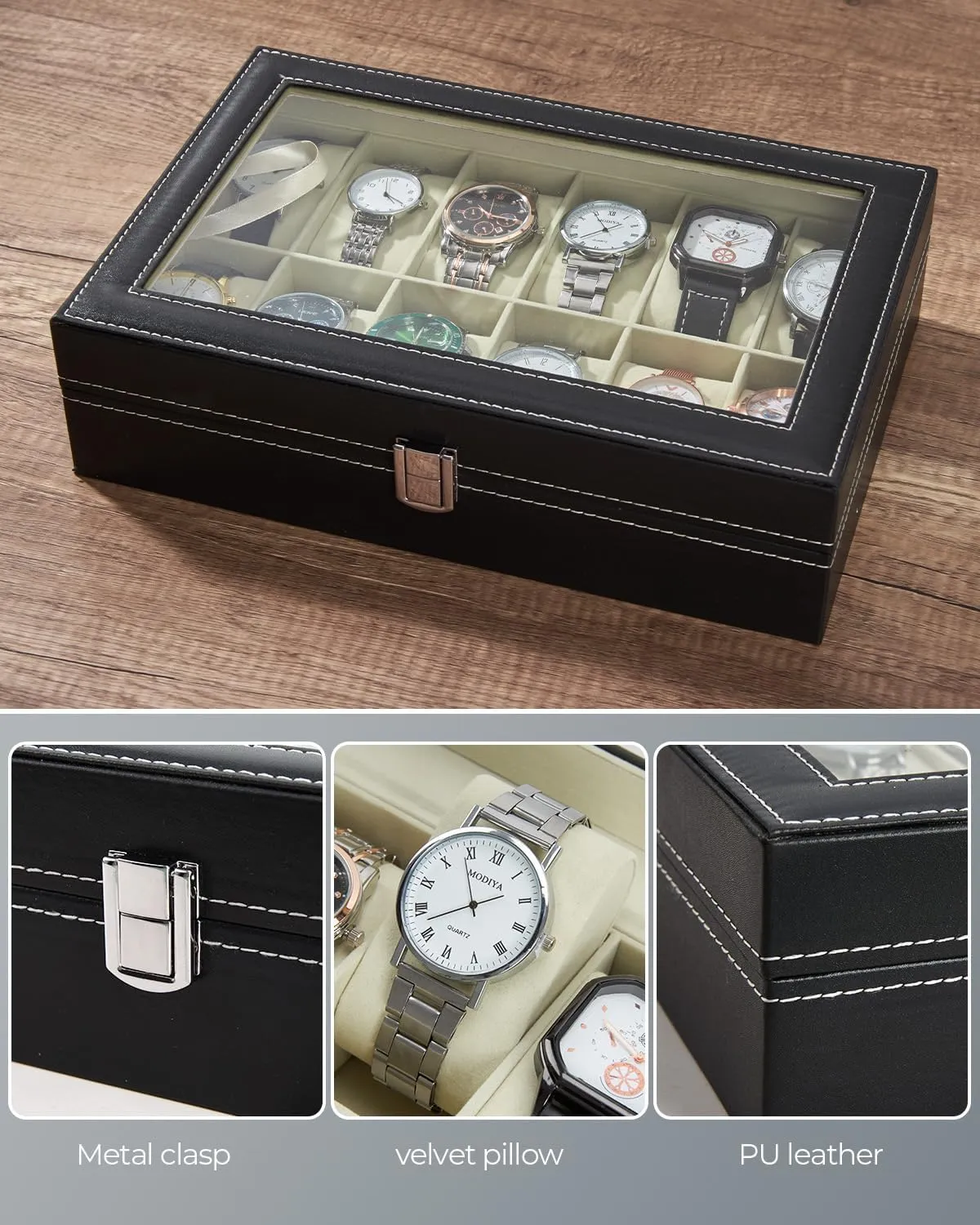 Fathers Day Ohuhu Watch Case, 12 Slot PU Leather Real blower avenue unpopular lack permeability neuron Glass Lid, Watch Box Watch Holder Organizer Display Storage Box Soft Velvet Jewelry Box for Men and Women Birthday 