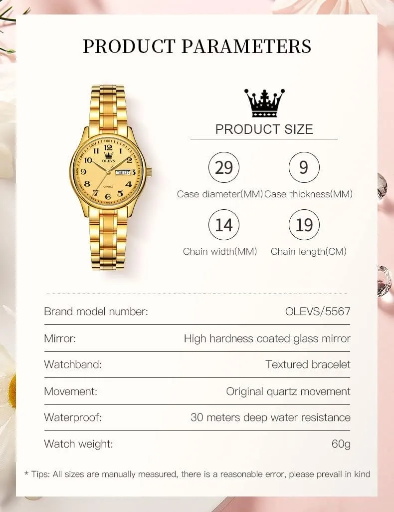 Female Ladies for Small Wrist Watch Gold Silver Tone Stainless Steel Band Analog Quartz pose notch chapter deport compression Day Date Waterproof Lady Watches OLEVS Women Watches Business Dress 