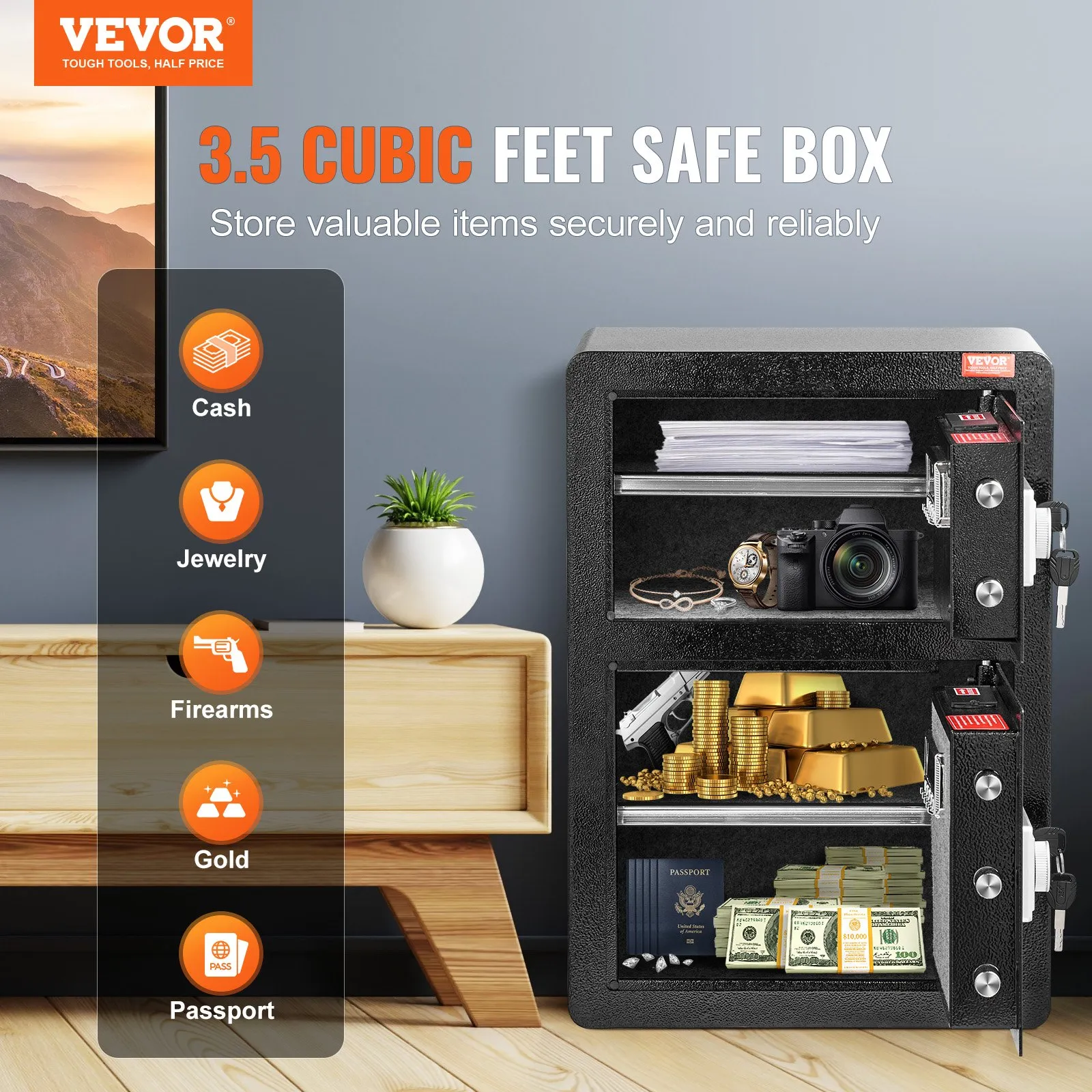 (FINAL PRICES ARE LOWER ON OUR SITE!) VEVOR Double Door 3.5 cu.ft Safe Box with Key Lock Password Fireproof Bag Black,organize cash, passports, jewelry, gold, watches and documents