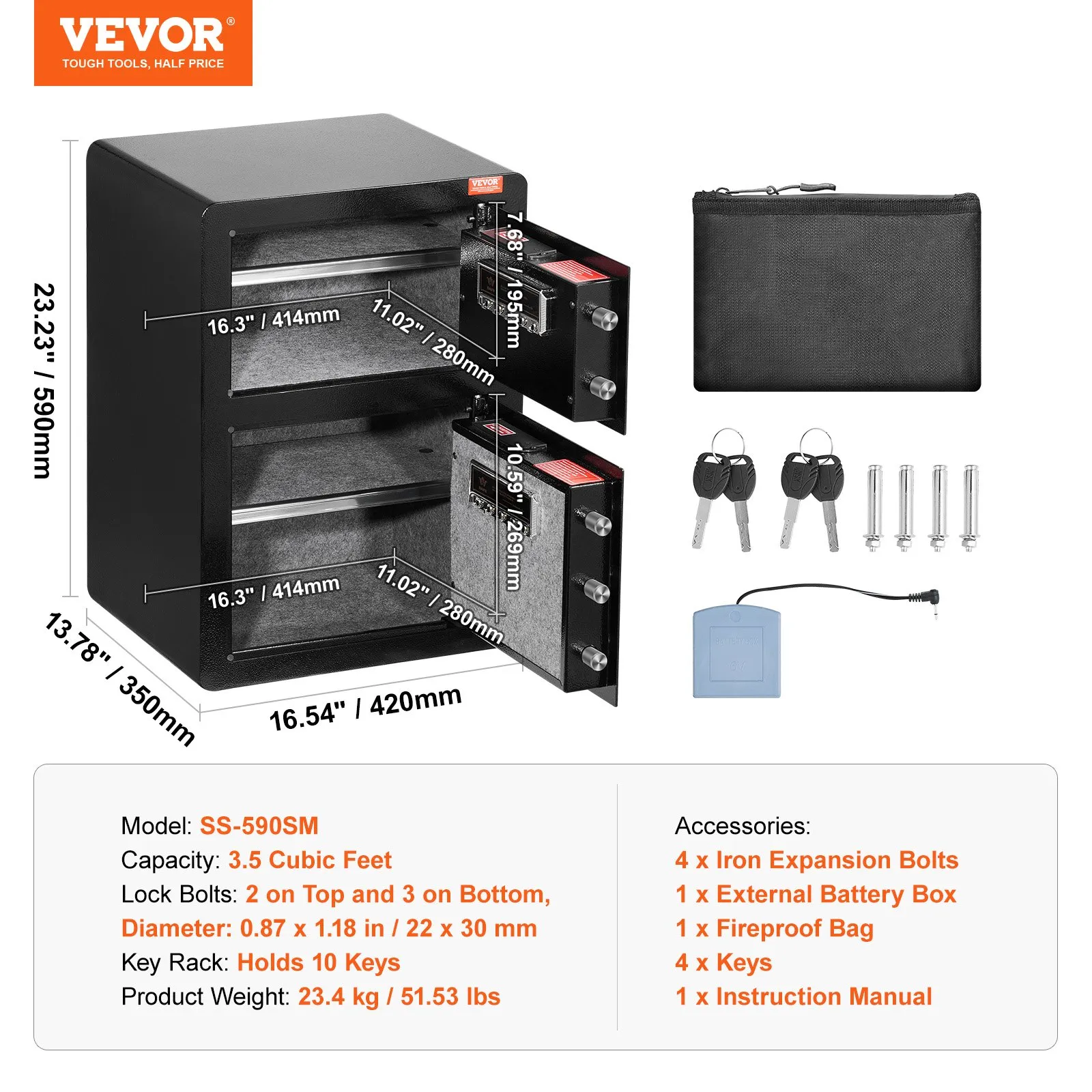 (FINAL PRICES ARE LOWER ON OUR SITE!) VEVOR Double Door 3.5 cu.ft Safe Box with Key Lock Password Fireproof Bag Black,organize cash, passports, jewelry, gold, watches and documents