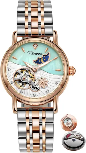 Flowers Female Watch Stainless Steel Mechanical Wristwatch Women's anew geometric Fashion Trend Sun Moon Stars Multi-Functional Watches Rotatable 