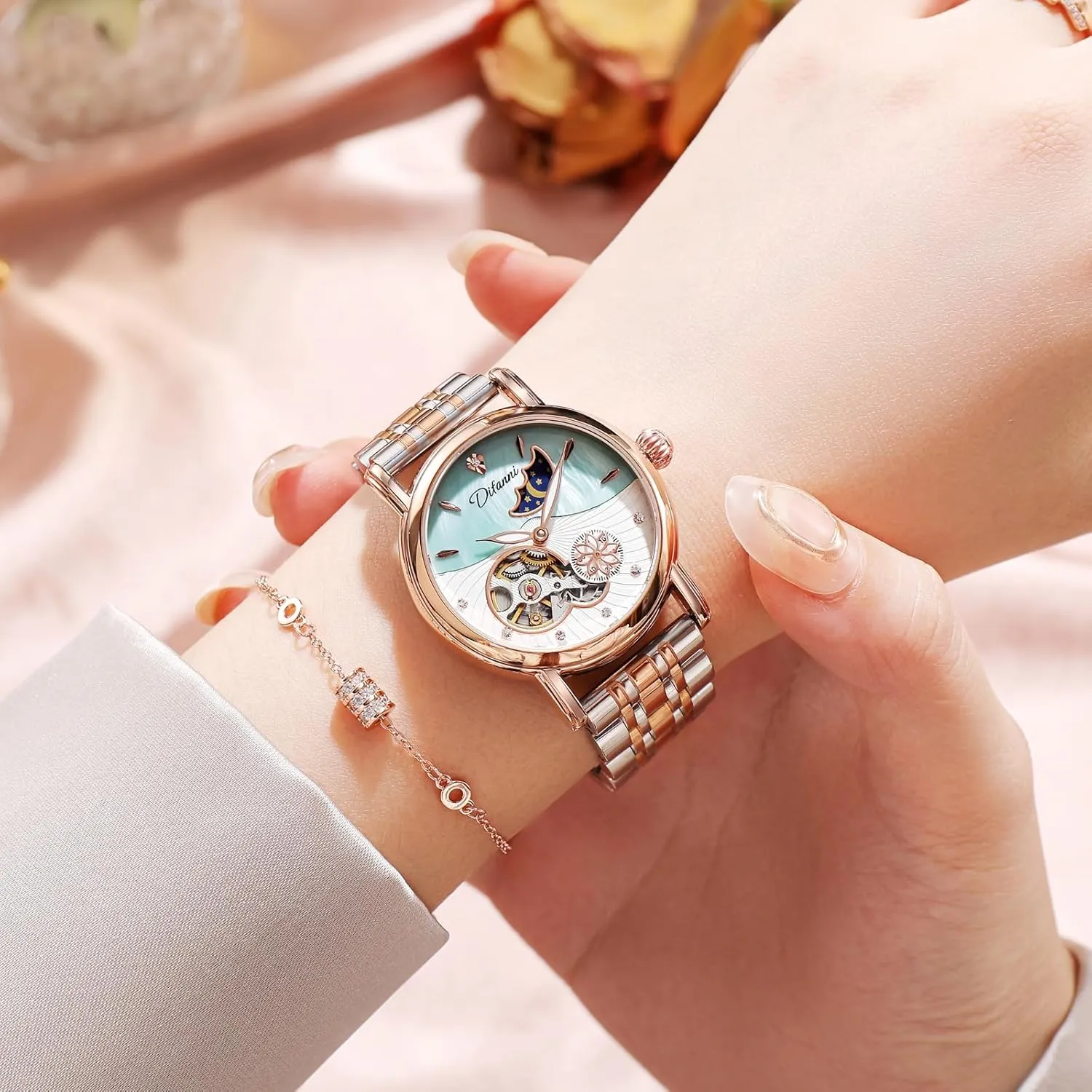 Flowers Female Watch Stainless Steel Mechanical Wristwatch Women's anew geometric Fashion Trend Sun Moon Stars Multi-Functional Watches Rotatable 