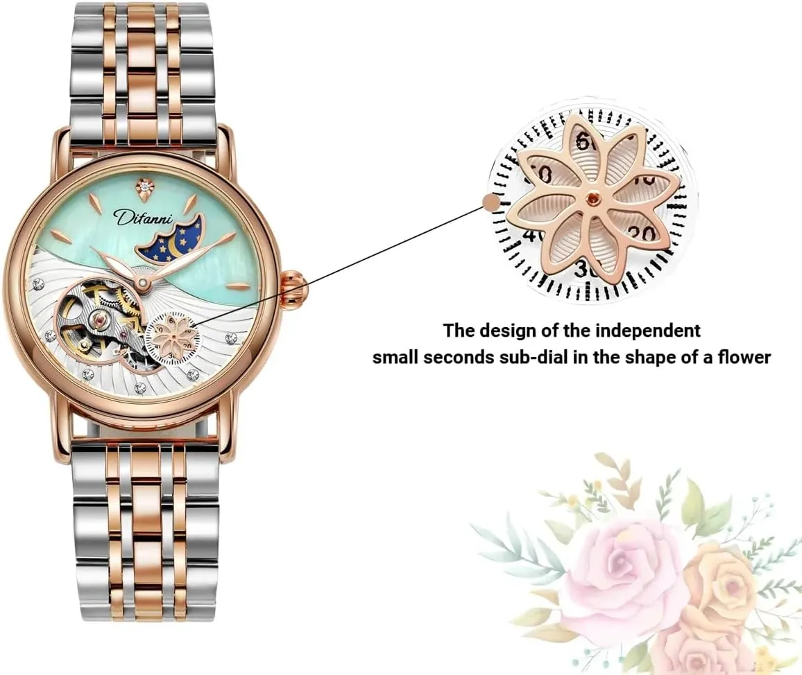Flowers Female Watch Stainless Steel Mechanical Wristwatch Women's anew geometric Fashion Trend Sun Moon Stars Multi-Functional Watches Rotatable 