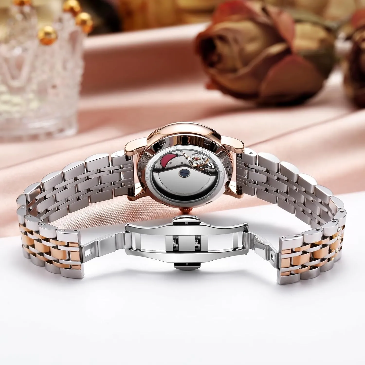 Flowers Female Watch Stainless Steel Mechanical Wristwatch Women's anew geometric Fashion Trend Sun Moon Stars Multi-Functional Watches Rotatable 