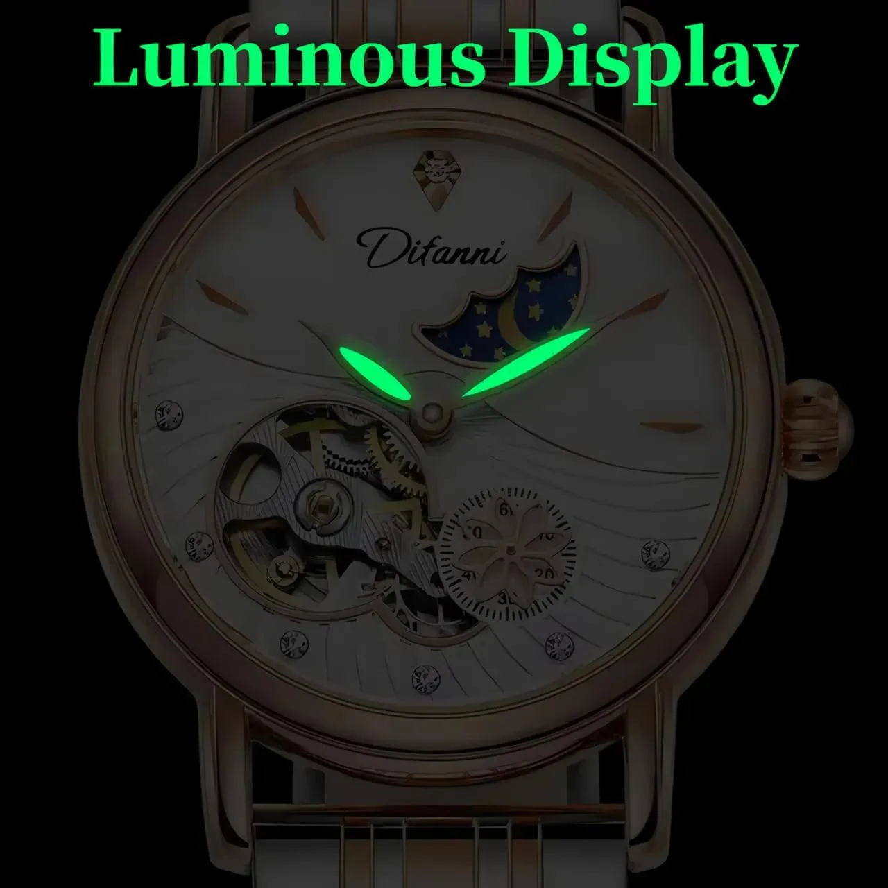 Flowers Female Watch Stainless Steel Mechanical Wristwatch Women's anew geometric Fashion Trend Sun Moon Stars Multi-Functional Watches Rotatable 