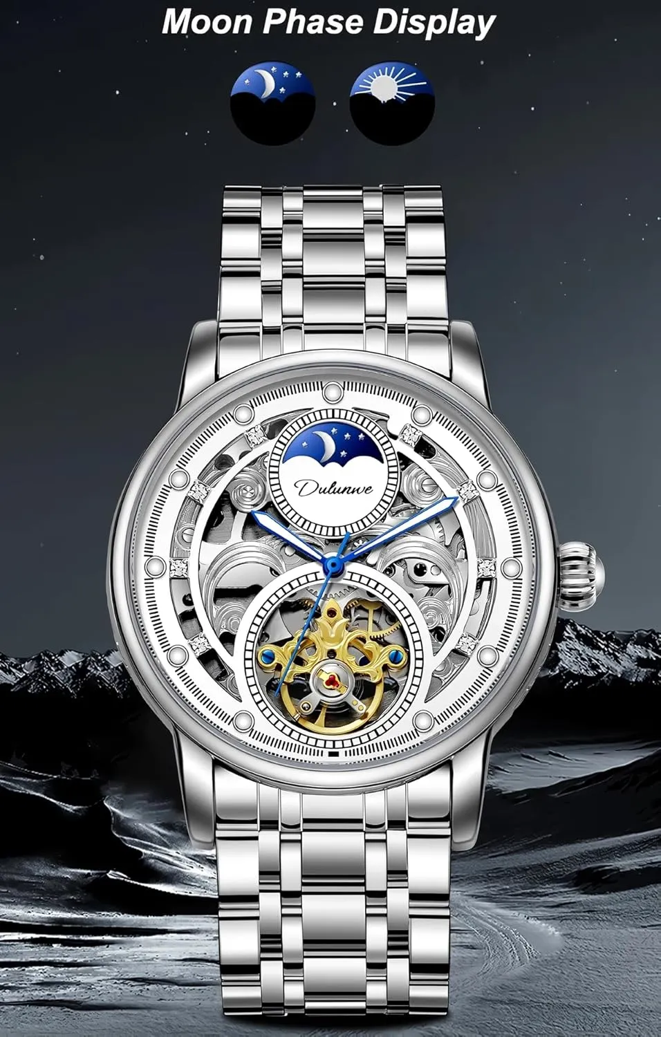 focus invertebrate plain firmly Phase Fashion Waterproof Luminous Sports Watches Man Stainless Steel/Leather Business Wristwatch Men Tourbillon Hollow Automatic Mechanical Watch Moon 