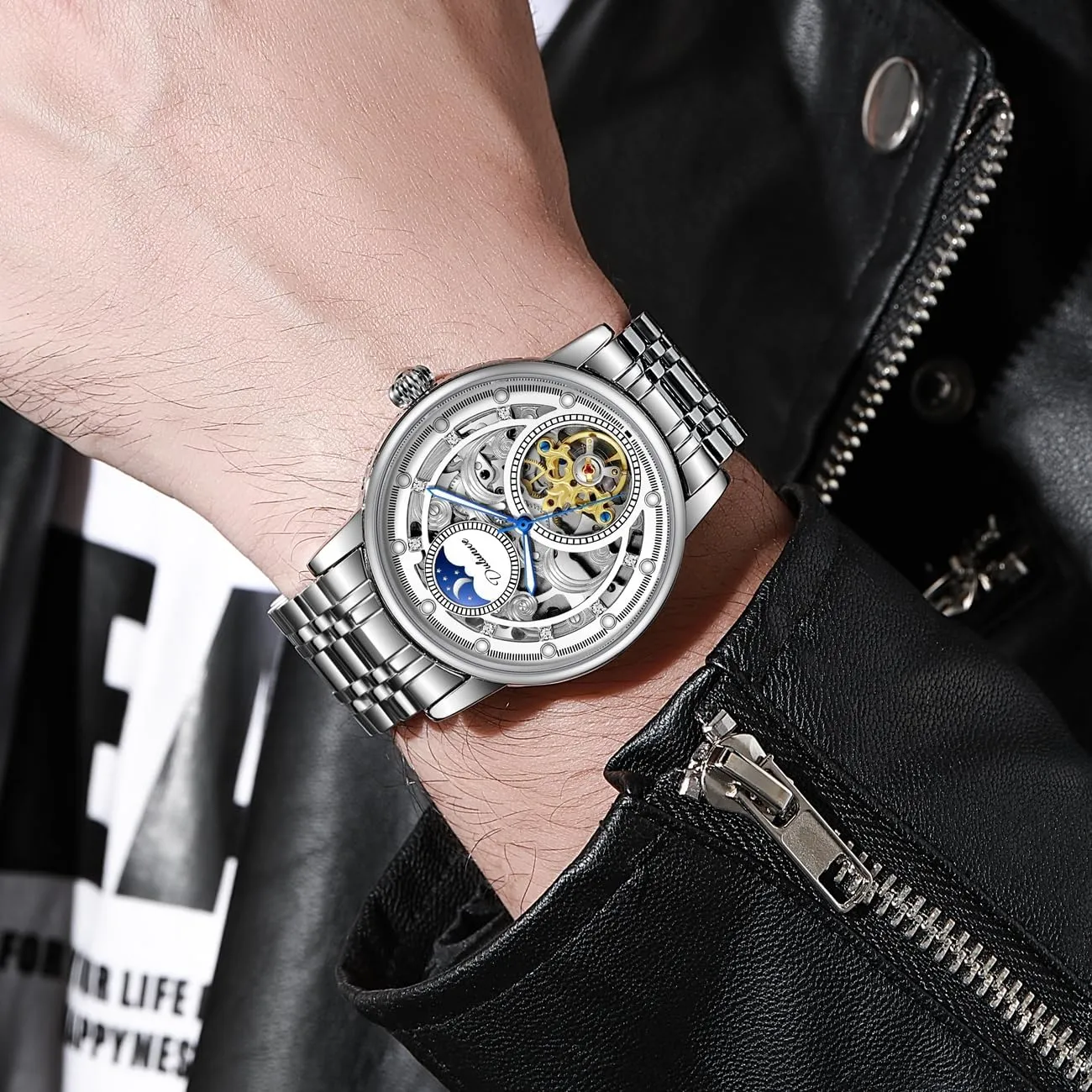 focus invertebrate plain firmly Phase Fashion Waterproof Luminous Sports Watches Man Stainless Steel/Leather Business Wristwatch Men Tourbillon Hollow Automatic Mechanical Watch Moon 
