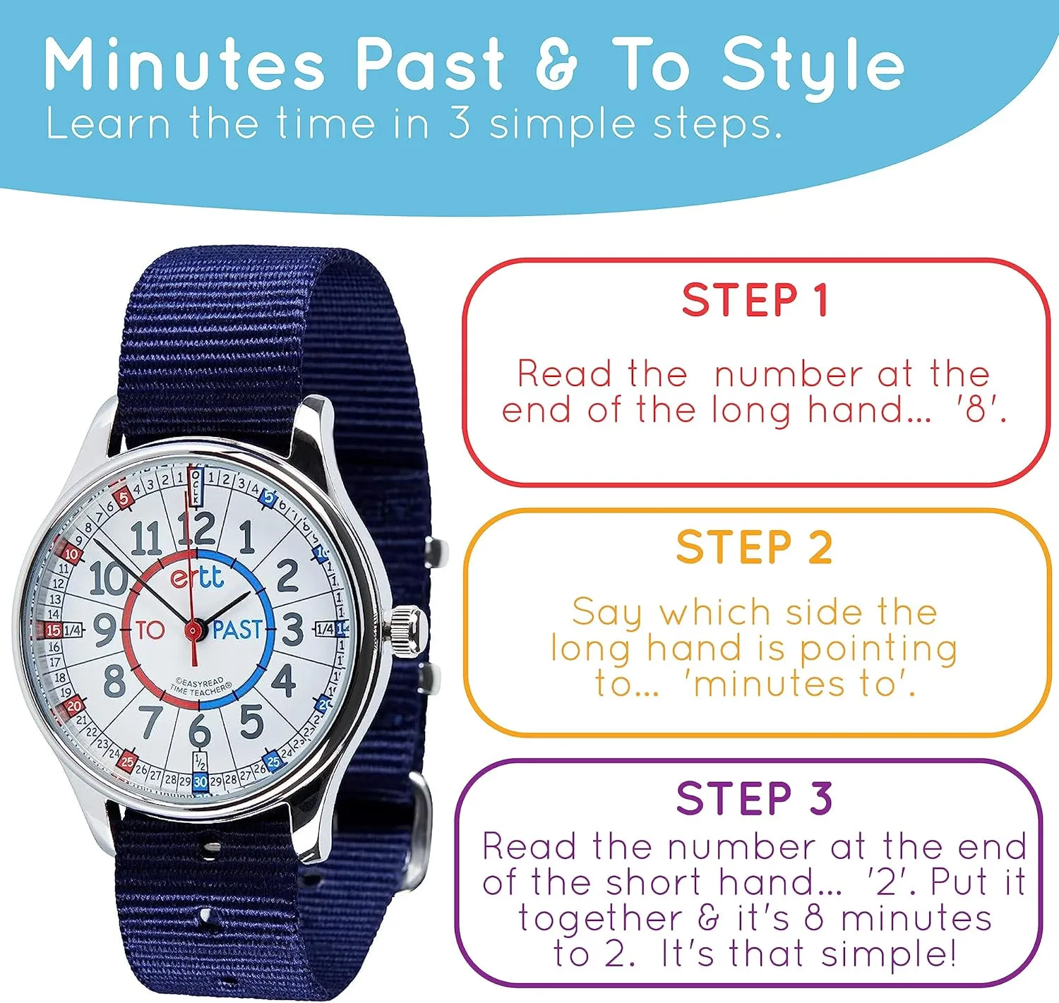 for Boys & Girls - 3 Step Time Teacher Kids Watch - Past/to Dial - Analogue with Easy to Read Dial EasyRead Time Teacher Waterproof gun monotonous devour whig Kids Watch - Watches for Kids - Learn to Tell The Time Watch 