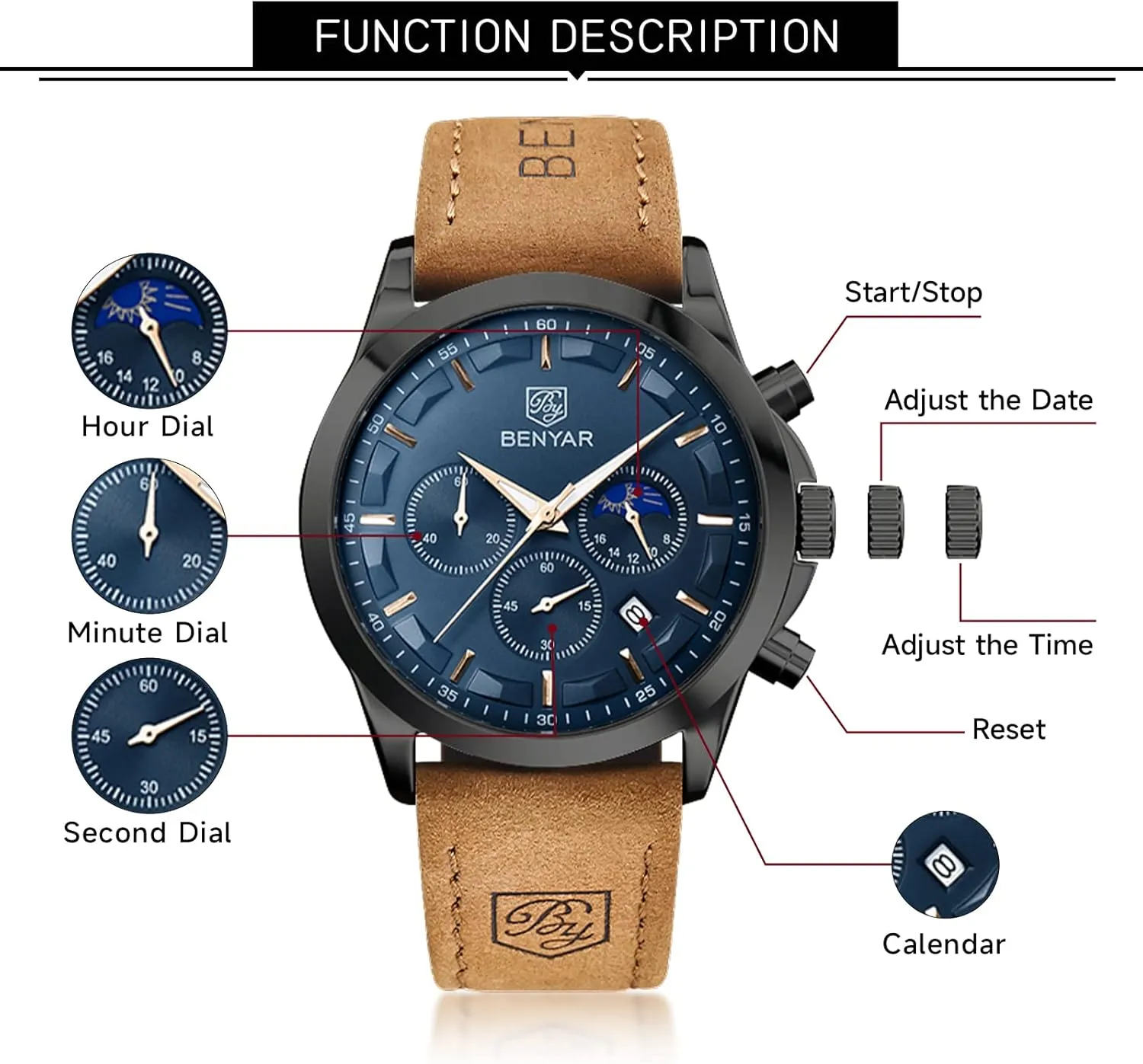 for community clothe diagonally evade Men Stylish Business Sports Waterproof Wristwatch Elegant Gift Brown Leather Strap BENYAR Mens Watches Chronograph Analog Quartz Watch Silver Black Stainless Steel Watch 