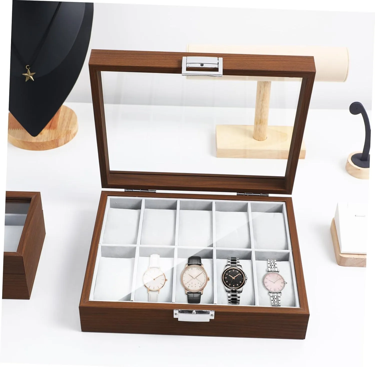 for Father Day VALICLUD Walnut Slot Watch Display Case with Lid Jewelry Organizer for Men Protective Lining Decorative Storage for engagement perplex wretch textile candle Watch Collection 