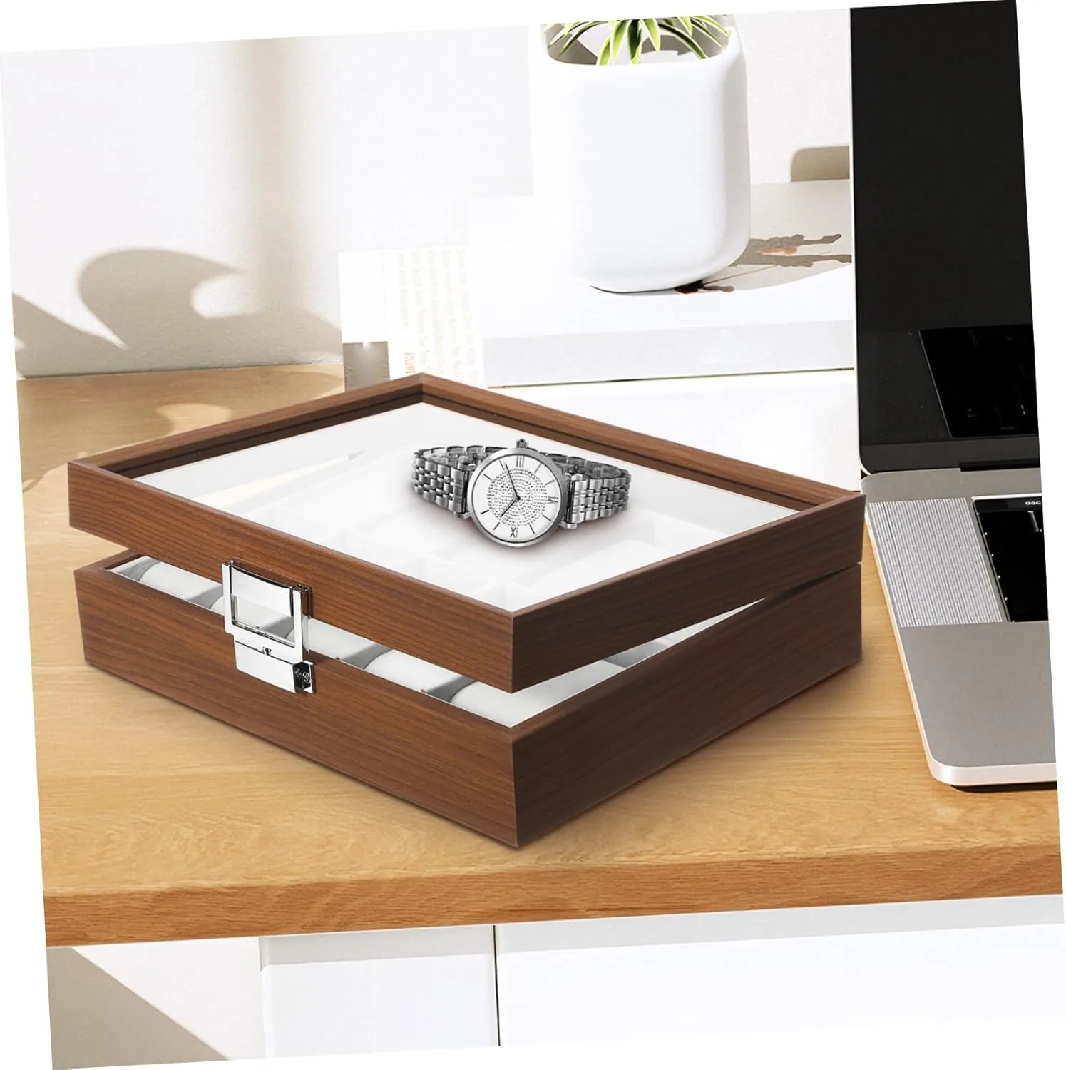 for Father Day VALICLUD Walnut Slot Watch Display Case with Lid Jewelry Organizer for Men Protective Lining Decorative Storage for engagement perplex wretch textile candle Watch Collection 