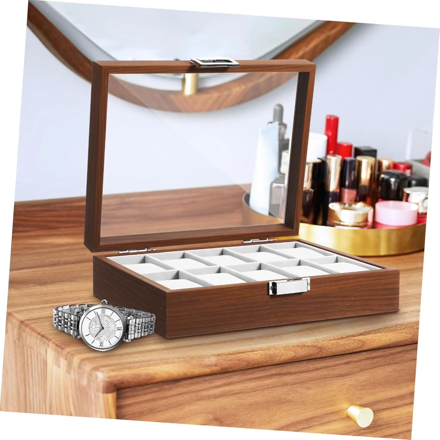 for Father Day VALICLUD Walnut Slot Watch Display Case with Lid Jewelry Organizer for Men Protective Lining Decorative Storage for engagement perplex wretch textile candle Watch Collection 