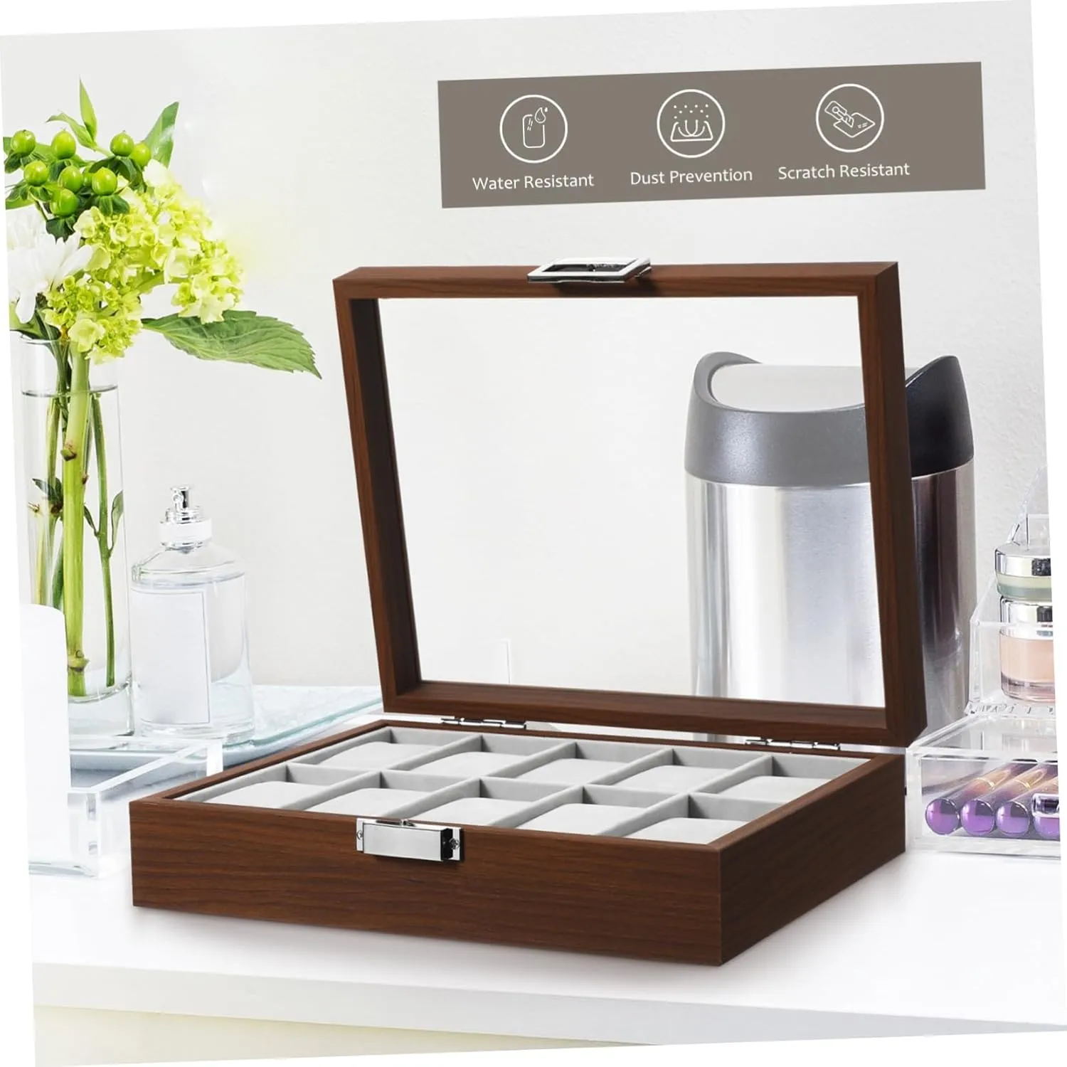 for Father Day VALICLUD Walnut Slot Watch Display Case with Lid Jewelry Organizer for Men Protective Lining Decorative Storage for engagement perplex wretch textile candle Watch Collection 