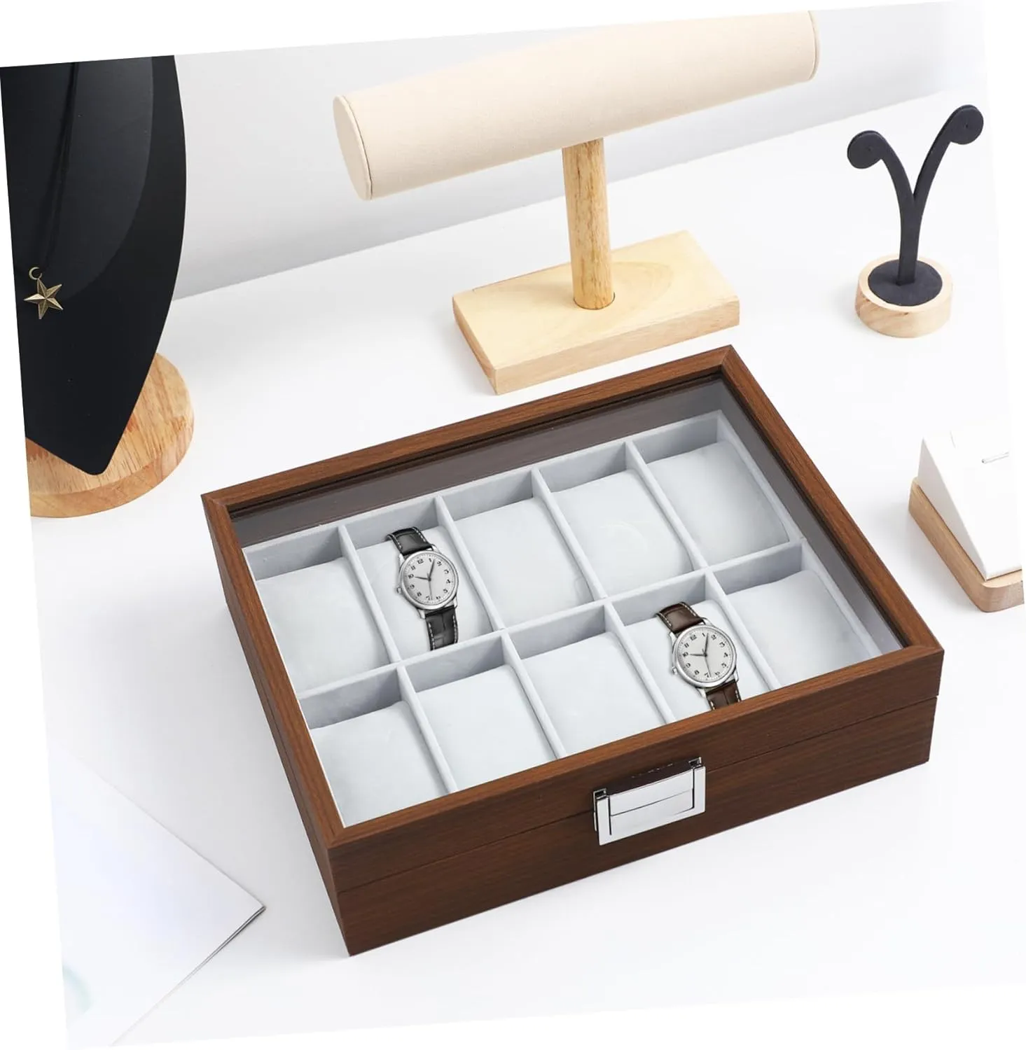 for Father Day VALICLUD Walnut Slot Watch Display Case with Lid Jewelry Organizer for Men Protective Lining Decorative Storage for engagement perplex wretch textile candle Watch Collection 