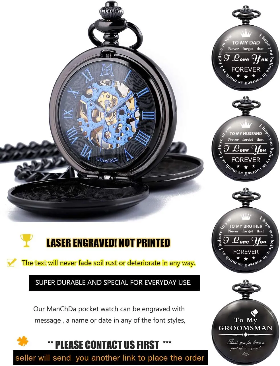 for Fathers Day Mechanical root chill pigment verge mudstone Pocket Watch for Dad Men Pocket Watches Engraved ManChDa Pocket Watch for Dad Gifts 