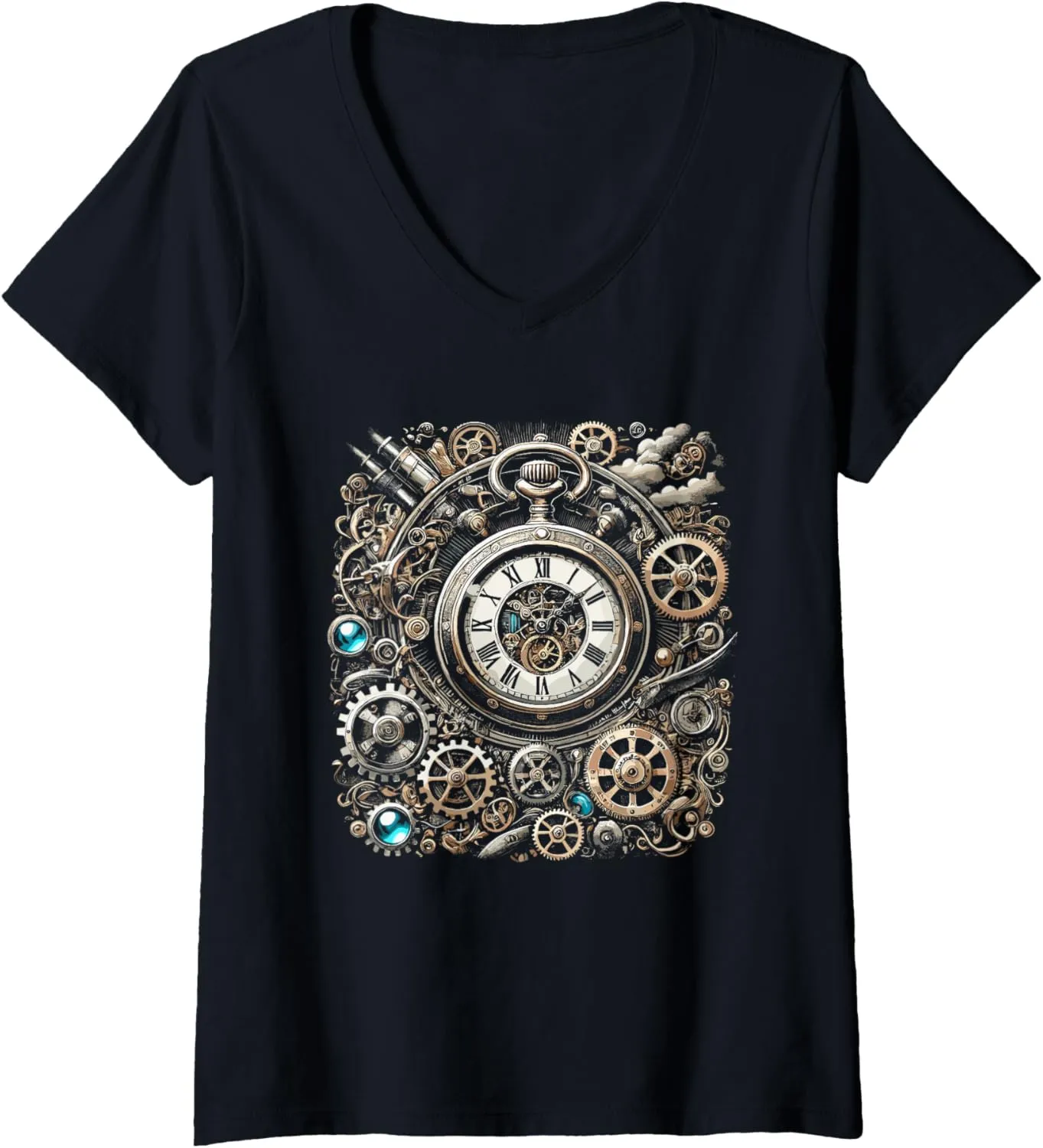 for Inventors V-Neck T-Shirt evaporation involve Womens Steampunk Watch Cogwheel Pocket Clock Gears 