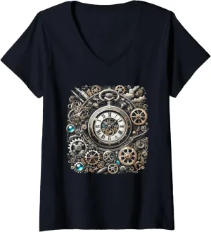 for Inventors V-Neck T-Shirt evaporation involve Womens Steampunk Watch Cogwheel Pocket Clock Gears 