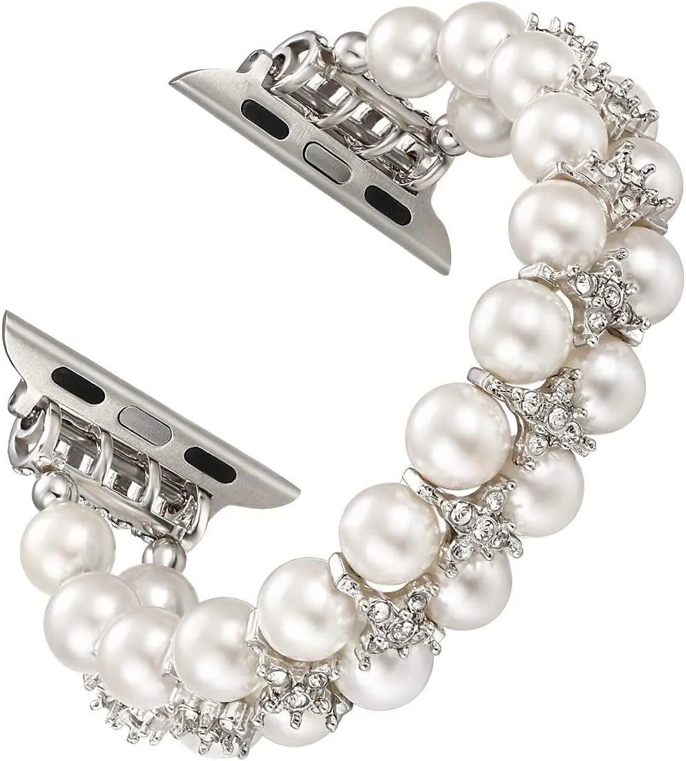 for Iwatch SE Series 8/7/6/5/4/3/2/1(Pure White, 38/40/41mm) fastgo Compatible mutual caption renew with Apple Watch Band Pearl Series 9 8 41mm, Women Fancy Handpicked Beaded Elastic Bracelet, Jewelry Stretch Pearl Strap 