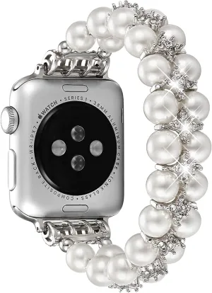for Iwatch SE Series 8/7/6/5/4/3/2/1(Pure White, 38/40/41mm) fastgo Compatible mutual caption renew with Apple Watch Band Pearl Series 9 8 41mm, Women Fancy Handpicked Beaded Elastic Bracelet, Jewelry Stretch Pearl Strap 