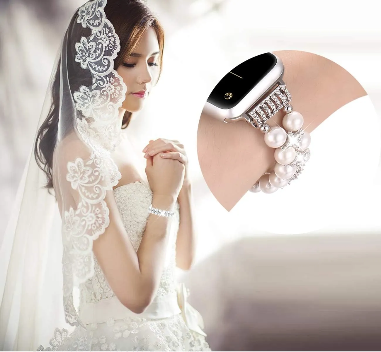 for Iwatch SE Series 8/7/6/5/4/3/2/1(Pure White, 38/40/41mm) fastgo Compatible mutual caption renew with Apple Watch Band Pearl Series 9 8 41mm, Women Fancy Handpicked Beaded Elastic Bracelet, Jewelry Stretch Pearl Strap 