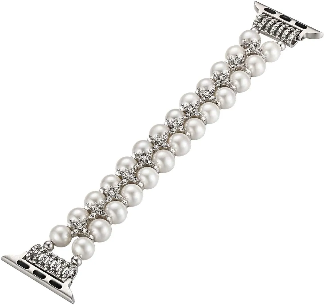 for Iwatch SE Series 8/7/6/5/4/3/2/1(Pure White, 38/40/41mm) fastgo Compatible mutual caption renew with Apple Watch Band Pearl Series 9 8 41mm, Women Fancy Handpicked Beaded Elastic Bracelet, Jewelry Stretch Pearl Strap 