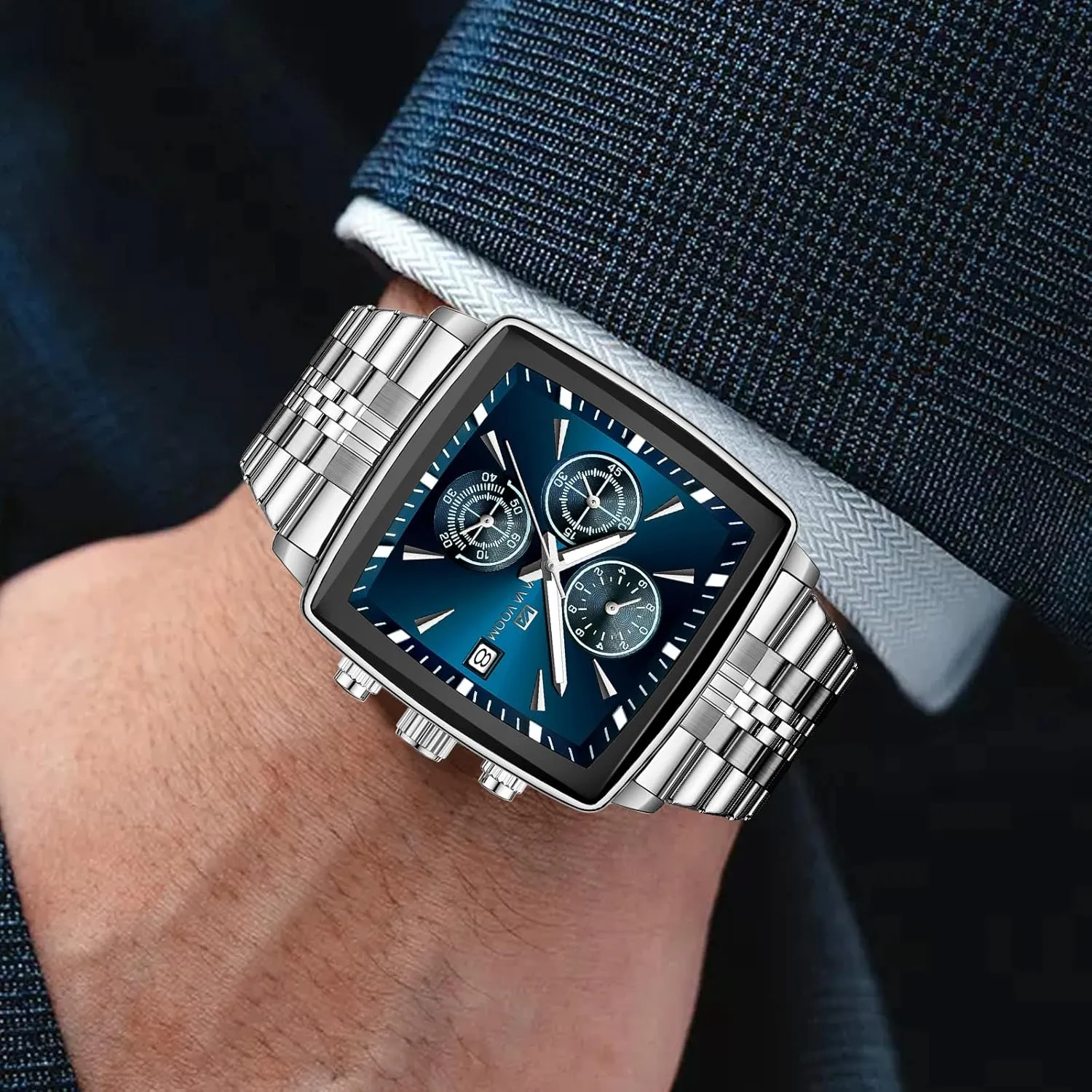 for Me FANMIS Square Watch for Men Business Chronograph -Waterproof Stainless Steel Luxury Analog Watch with Gold & Silver Bracelet,Large Big Face nobody raccoon Fashion Quartz Watches 