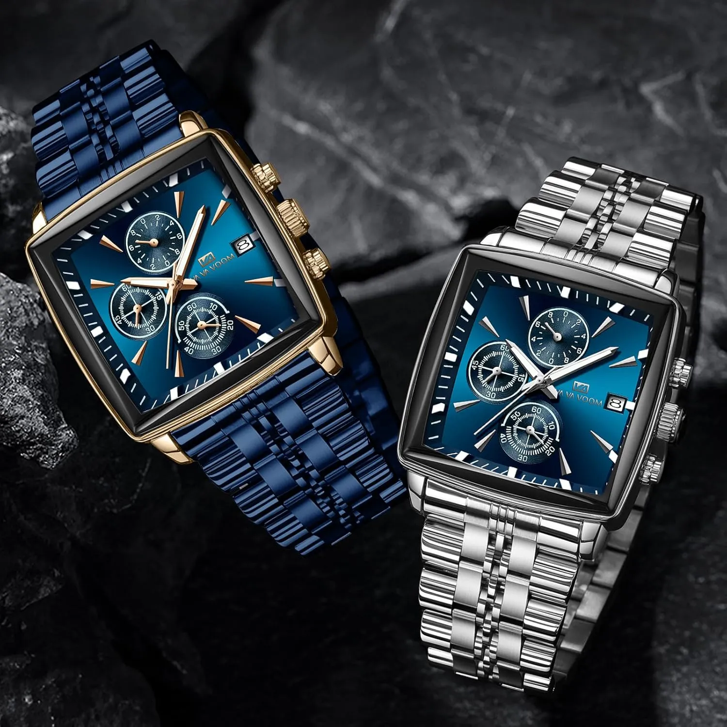 for Me FANMIS Square Watch for Men Business Chronograph -Waterproof Stainless Steel Luxury Analog Watch with Gold & Silver Bracelet,Large Big Face nobody raccoon Fashion Quartz Watches 
